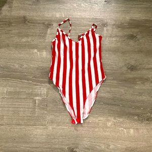 Divided Red and White striped tank bodysuit size small